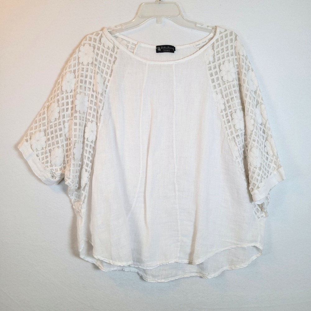 Bella Amore Women Linen Boho Blouse Floral Crochet Lace Size Medium White Summer